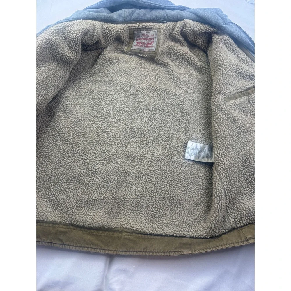 Levis Mens Sherpa Lined Military Trucker Canvas Jacket Hood Khaki  Medium grunge